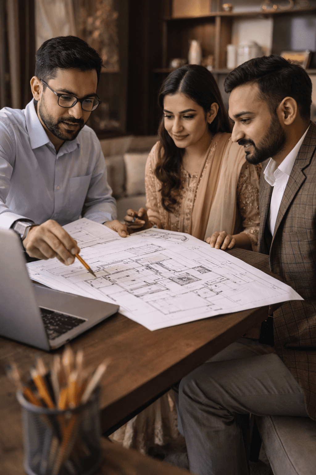 Client and team reviewing house plans and specifications together