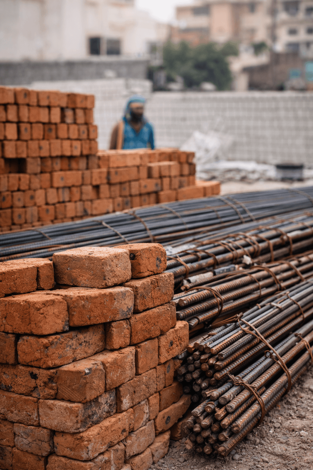 Bricks and reinforcement steel stacked at a residential construction site