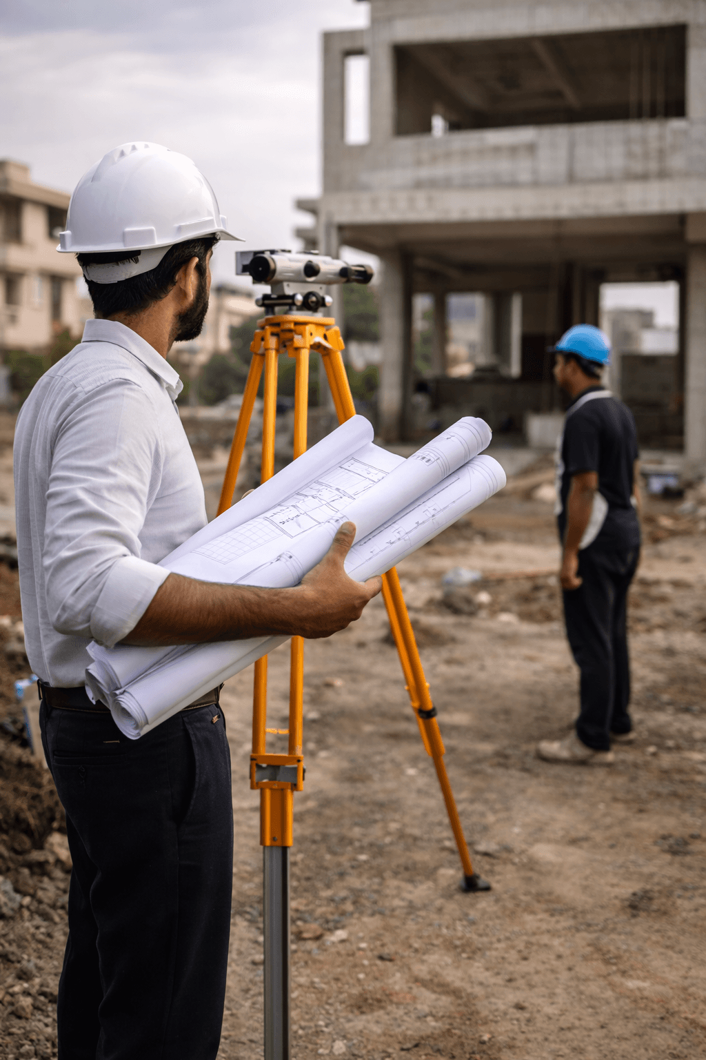Engineer carrying drawings and surveying an active residential site